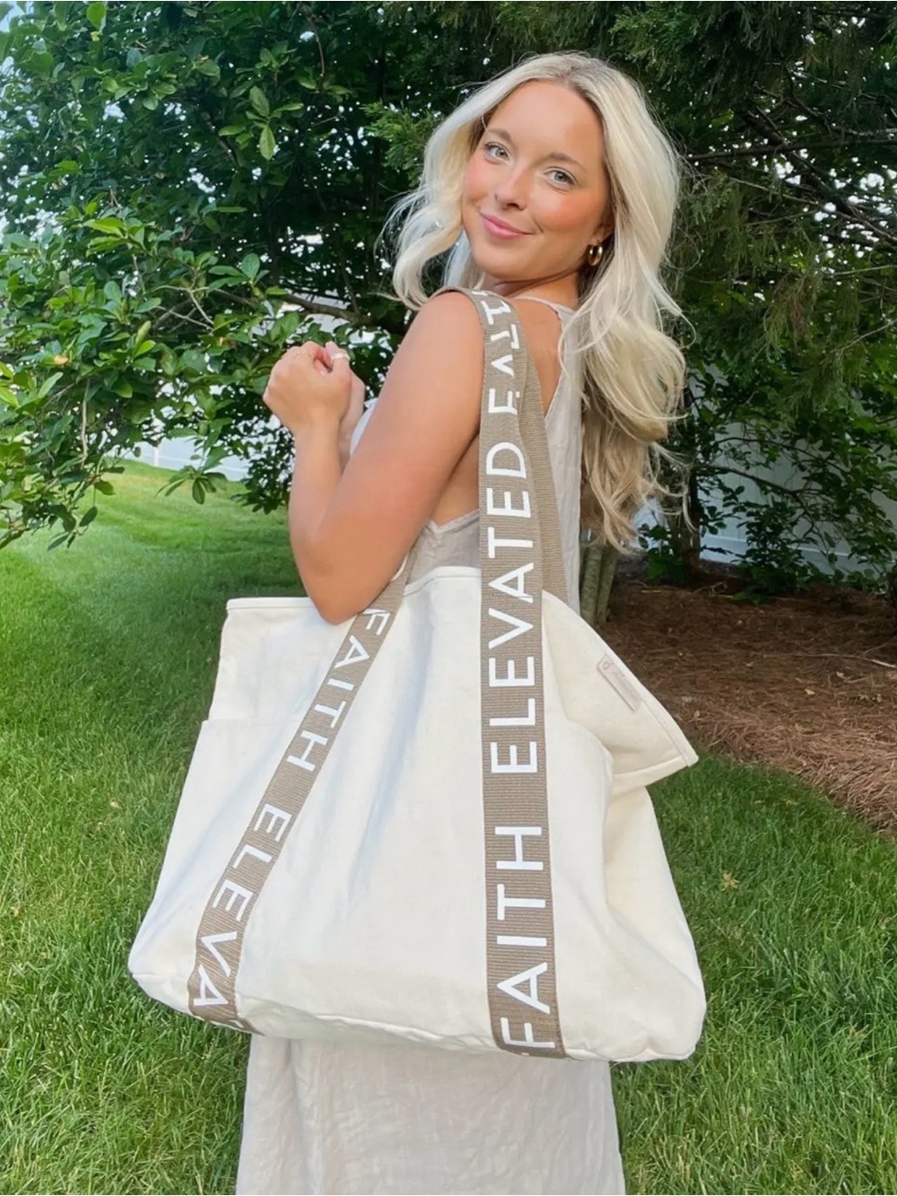 Elevated Faith Canvas Tote Bag in Cream with Branded Strap